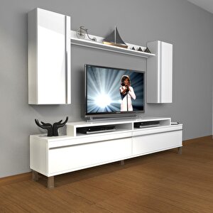 Ekoflex 7 Mdf Krom Ayaklı Tv Ünitesi Tv Sehpası Parlak Beyaz