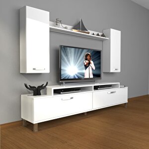Ekoflex 7 Slm Krom Ayaklı Tv Ünitesi Tv Sehpası Parlak Beyaz
