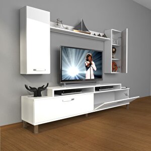 Ekoflex 7 Slm Krom Ayaklı Tv Ünitesi Tv Sehpası Parlak Beyaz