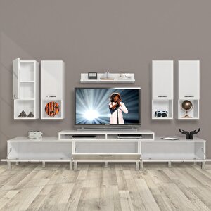 Ekoflex 8da Mdf Krom Ayaklı Tv Ünitesi Tv Sehpası Parlak Beyaz