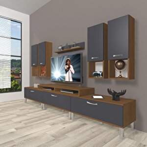 Ekoflex 8da Mdf Krom Ayaklı Tv Ünitesi Tv Sehpası Ceviz Antrasit