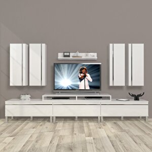 Ekoflex 8d Mdf Krom Ayaklı Tv Ünitesi Tv Sehpası Parlak Beyaz