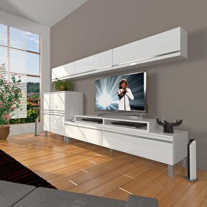 Ekoflex 8 Mdf Krom Ayaklı Tv Ünitesi Tv Sehpası Parlak Beyaz