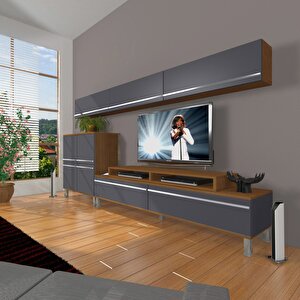 Ekoflex 8 Mdf Krom Ayaklı Tv Ünitesi Tv Sehpası Ceviz Antrasit
