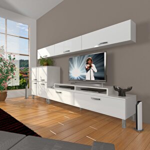 Ekoflex 8 Slm Krom Ayaklı Tv Ünitesi Tv Sehpası Parlak Beyaz