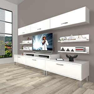 Ekoflex 8y Slm Krom Ayaklı Tv Ünitesi Tv Sehpası Parlak Beyaz
