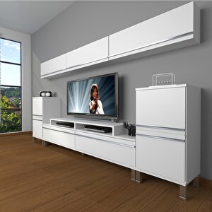 Ekoflex 9 Mdf Krom Ayaklı Tv Ünitesi Tv Sehpası Parlak Beyaz
