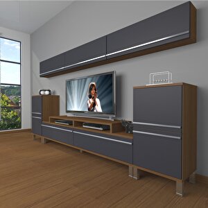 Ekoflex 9 Mdf Krom Ayaklı Tv Ünitesi Tv Sehpası Ceviz Antrasit