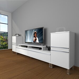 Ekoflex On2 Mdf Krom Ayaklı Tv Ünitesi Tv Sehpası Parlak Beyaz