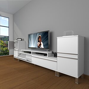 Ekoflex On2 Mdf Krom Ayaklı Tv Ünitesi Tv Sehpası Parlak Beyaz