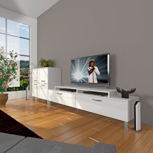 Ekoflex On Slm Krom Ayaklı Tv Ünitesi Tv Sehpası Parlak Beyaz