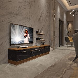 Trendstyle 4 Slm Tv Ünitesi Tv Sehpası Ceviz Siyah Mermer