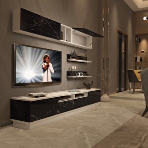 Trendstyle 5220s Slm Tv Ünitesi Tv Sehpası Beyaz Siyah Mermer