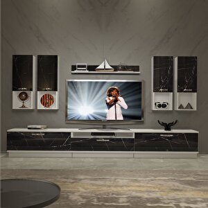 Trendstyle 8da Slm Tv Ünitesi Tv Sehpası Beyaz Siyah Mermer