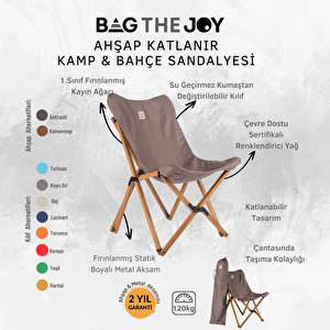 Ahşap Katlanır Kamp & Bahçe Sandalyesi – Kahverengi Iskelet - Koyu Gri Kılıf