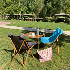 Ahşap Katlanır Kamp & Bahçe Sandalyesi – Kahverengi Iskelet - Koyu Gri Kılıf
