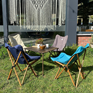 Ahşap Katlanır Kamp & Bahçe Sandalyesi – Kahverengi Iskelet - Turkuaz Kılıf