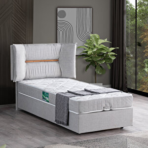 Lizbon Tek Kişilik Baza Başlık Comfort Yatak Seti, Açık Gri 90x190 cm