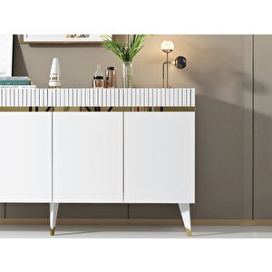 Defne Konsol  4 Kapaklı Lazer Desenli Beyaz-Altın