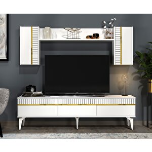 Defne Tv Ünitesi Takımı 180 cm  Beyaz-Altın
