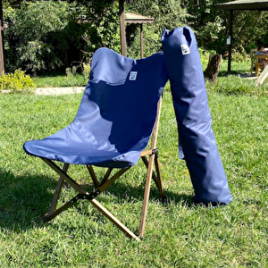 Ahşap Katlanır Kamp & Bahçe Sandalyesi – Antrasit Iskelet - Lacivert Kılıf