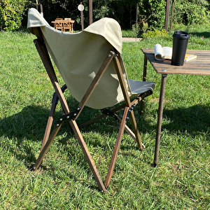 Ahşap Katlanır Kamp & Bahçe Sandalyesi – Antrasit Iskelet - Bej Kılıf