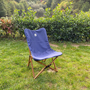 Ahşap Katlanır Kamp Ve Bahçe Sandalyesi - Kahverengi Iskelet - Lacivert Kılıf