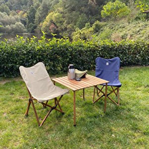 Ahşap Katlanır Kamp & Bahçe Sandalyesi – Kahverengi Iskelet - Bej Kılıf