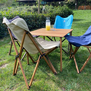 Ahşap Katlanır Kamp & Bahçe Sandalyesi – Kahverengi Iskelet - Bej Kılıf