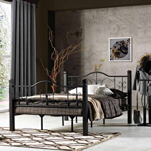 Yakamoz Tek Kişilik Ferforje Ahşap Metal Siyah Karyola 90x200
