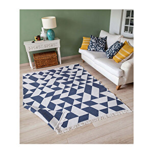 Duo Beyaz Mavi Çift Taraflı Yıkanabilir Dokuma Kilim 22992a