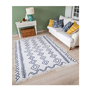 Duo Beyaz Mavi Çift Taraflı Yıkanabilir Dokuma Kilim 23000a