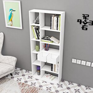 Luma Çok Gözlü Kitaplık – Beyaz, 10 Raflı Ve 2 Kapaklı Dolaplı