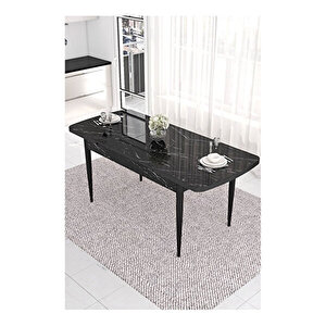 Eva Serisi, 80x132 Açılabilir Mdf Siyah Mermer Desen Masa Mutfak Masası Ve 4 Zebra Desen Sandalye 1 Siyah Bench