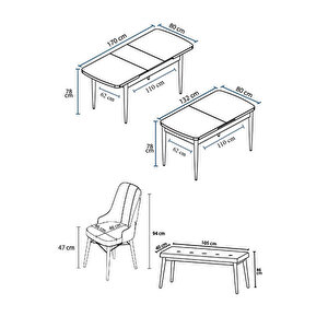 Are Serisi, Mdf 80x132 Açılabilir Barok Ahşap Desen Mutfak Masa Takımı, 4 Sandalye Gold Halkalı Ve 1 Bench