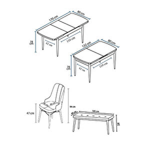 Are Serisi, Mdf 80x132 Açılabilir Barok Ahşap Desen Mutfak Masa Takımı, 4 Sandalye Gold Halkalı Ve 1 Bench