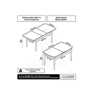 Kor Serisi 70x114 MDF Açılabilir Mutfak Masası, Yemek Masası Beyaz
