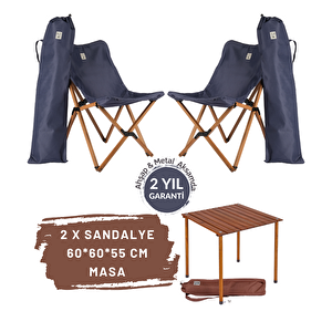 Ahşap Katlanır Masa Sandalye Seti Kahverengi Iskelet Lacivert Kılıf, 60x60x55 Masa