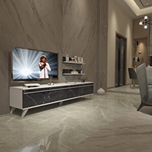 Eko 4 Mdf Std Retro Tv Ünitesi Tv Sehpası Beyaz Siyah Mermer