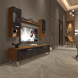 Eko 5da Mdf Std Krom Ayaklı Tv Ünitesi Tv Sehpası Ceviz Siyah Mermer