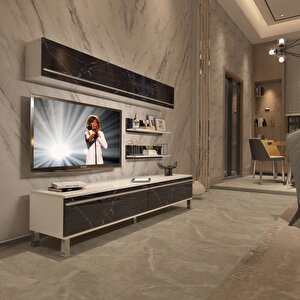 Eko 5 Mdf Std Krom Ayaklı Tv Ünitesi Tv Sehpası Beyaz Siyah Mermer