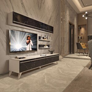 Eko 5 Mdf Std Retro Tv Ünitesi Tv Sehpası Beyaz Siyah Mermer