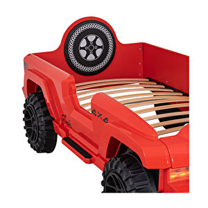 Arabalı Yatak, Jeep Süperlüx Ledli Arabalı Yatak, 90x190 Cm Kırmızı
