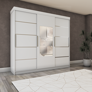 Üç Kapaklı Sürgülü Gardırop 240/210 CM (PARLAK BEYAZ)