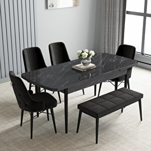 Loft Siyah Mermer Desen 80x132 Mdf Açılabilir Mutfak Masası Takımı 4 Sandalye, 1 Bench