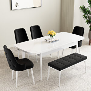 Mabel Beyaz 80x132 Mdf Açılabilir Mutfak Masası Takımı 4 Sandalye, 1 Bench Antrasit