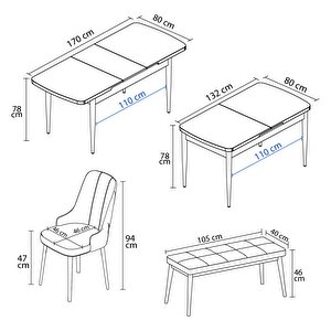 Mabel Beyaz 80x132 Mdf Açılabilir Mutfak Masası Takımı 4 Sandalye, 1 Bench