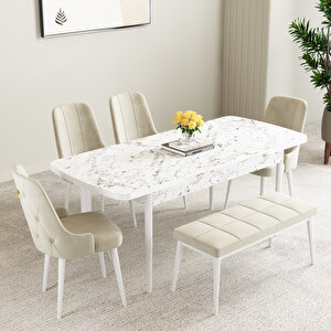 Mabel Beyaz Mermer Desen 80x132 Mdf Açılabilir Mutfak Masası Takımı 4 Sandalye, 1 Bench Kahve