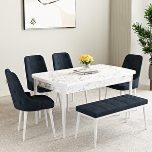 Mabel Beyaz Mermer Desen 80x132 Mdf Açılabilir Mutfak Masası Takımı 4 Sandalye, 1 Bench Lacivert