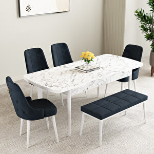 Mabel Beyaz Mermer Desen 80x132 Mdf Açılabilir Mutfak Masası Takımı 4 Sandalye, 1 Bench Lacivert
